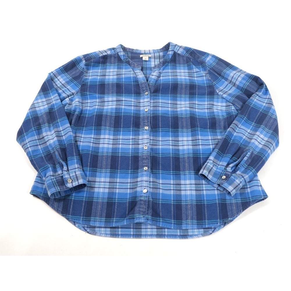 L.L.Bean Button Down Women L Pet Blue Plaid Flannel Shirt Long Sleeve Cotton